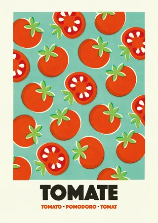Pattern of whole and sliced red tomatoes with green leaves