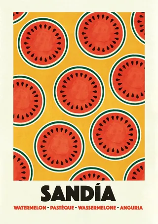 Illustration of multiple watermelon slices on an orange background.