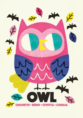 Pink and blue owl illustration with leaves and bats