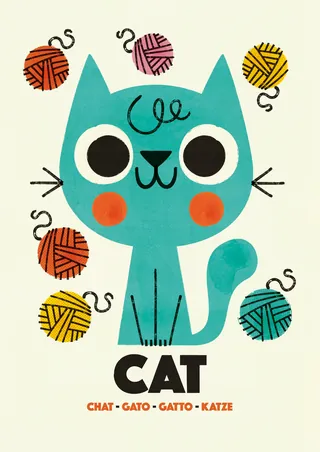 Teal cartoon cat with colorful yarn balls around it