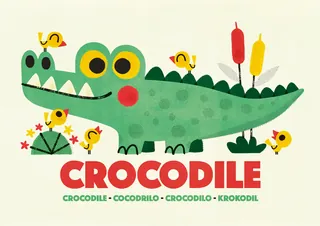 Cartoon green crocodile with yellow birds and cattails