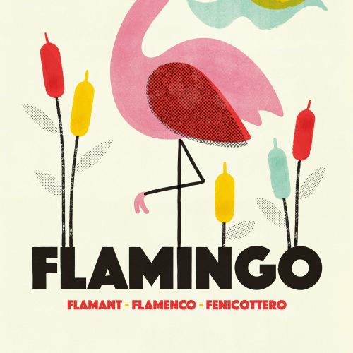 Illustration of a pink flamingo with cattails, sun, and clouds