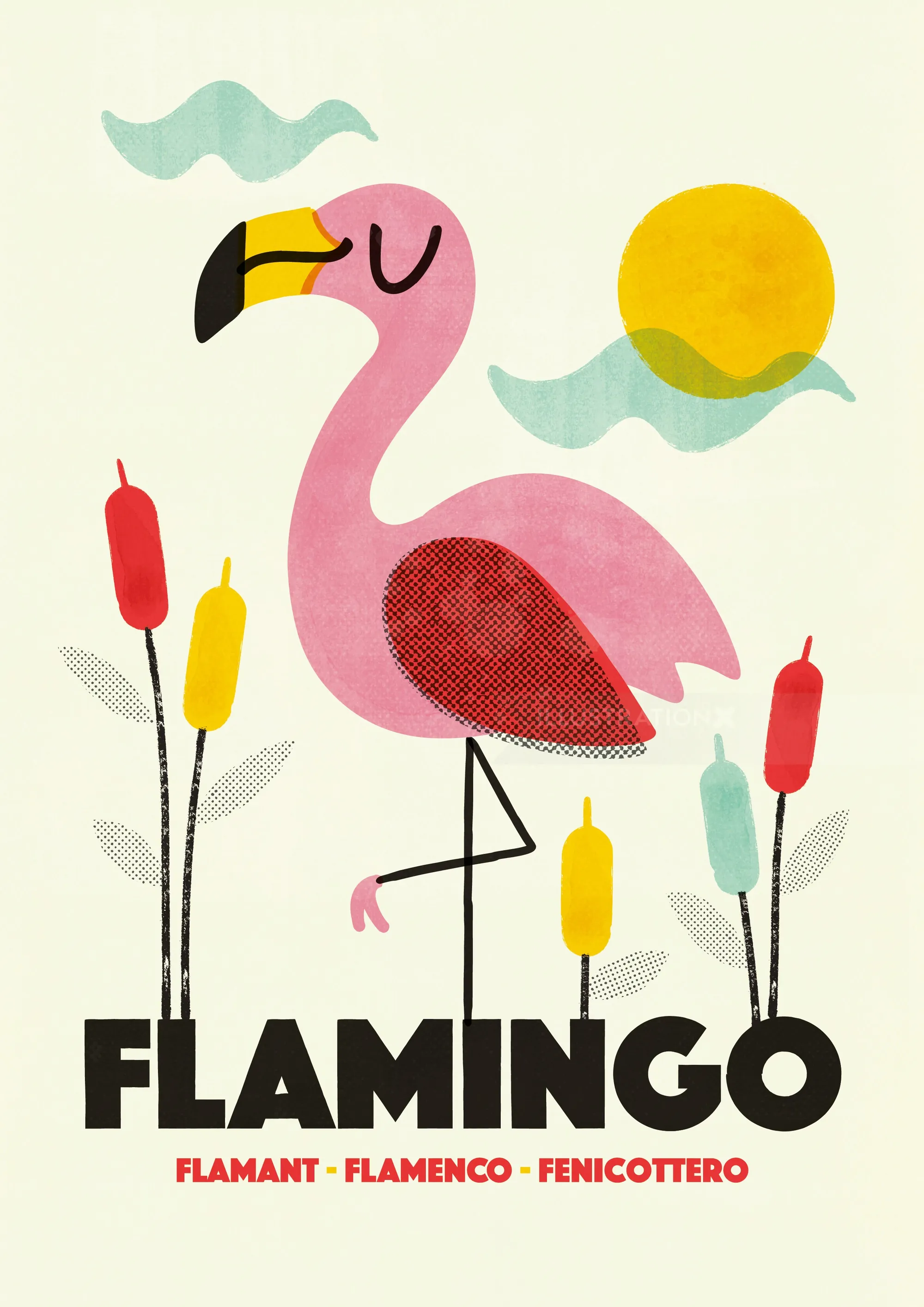 Illustration of a pink flamingo with cattails, sun, and clouds