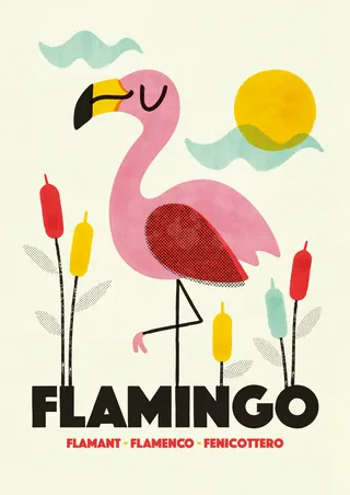 Illustration of a pink flamingo with cattails, sun, and clouds