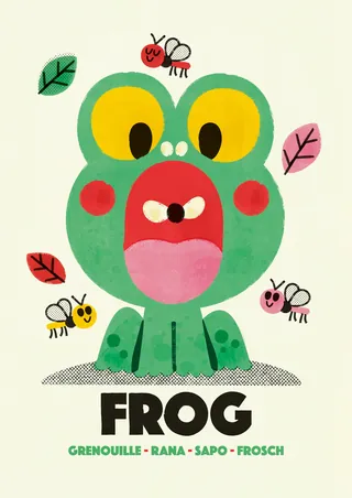 Cartoon green frog with open mouth and bees flying around