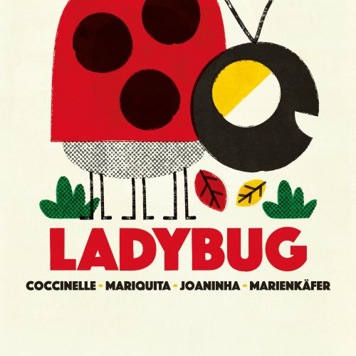 Illustration of a red ladybug with black spots and colorful autumn leaves