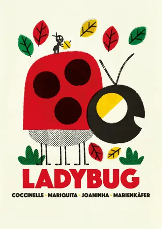 Illustration of a red ladybug with black spots and colorful autumn leaves