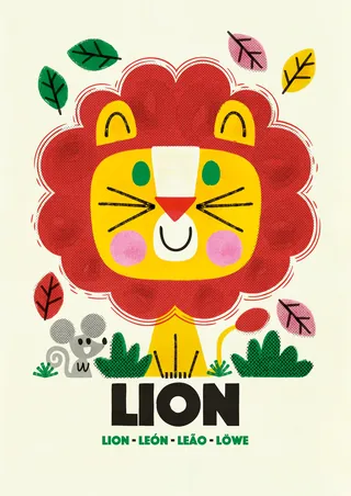 Colorful cartoon lion with a mane and a small mouse beside it