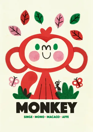 Red cartoon monkey with smiling face, leaves, and butterflies