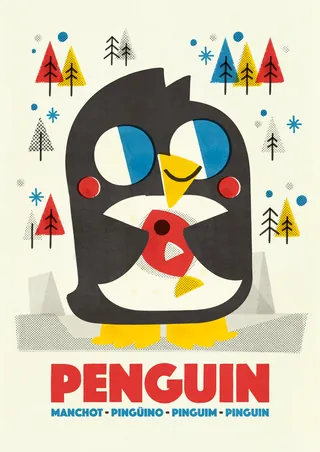 Cartoon penguin holding a fish with colorful trees in background