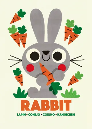 Gray cartoon rabbit with big eyes holding a carrot surrounded by carrots