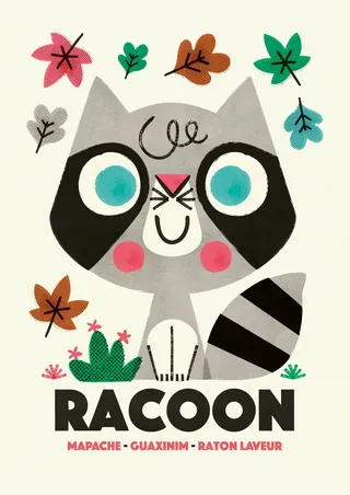 Cartoon raccoon with blue eyes and autumn leaves around it