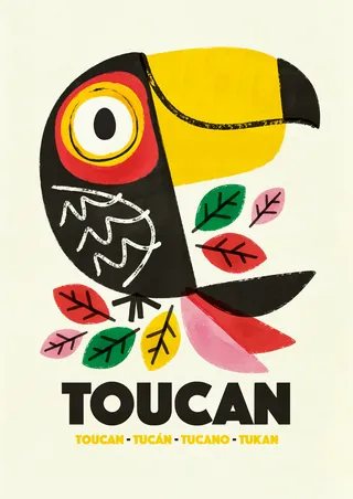 Illustration of a colorful toucan with bright leaves on white background