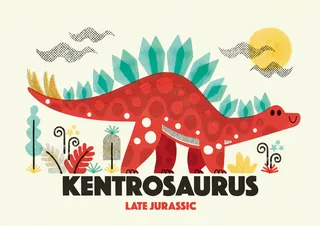 Illustration of a red Kentrosaurus dinosaur with blue spikes and plants