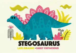 Bright Stegosaurus dinosaur illustration with plants in background