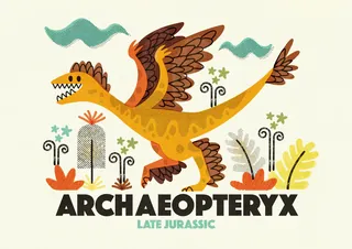 Illustration of a flying Archaeopteryx dinosaur with plants