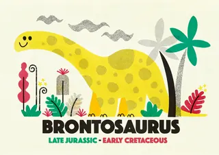 Smiling yellow Brontosaurus dinosaur surrounded by colorful plants illustration.