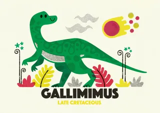 Green Gallimimus dinosaur with plants and comet in background