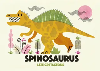 Cartoon Spinosaurus dinosaur with plants and pink sun in background
