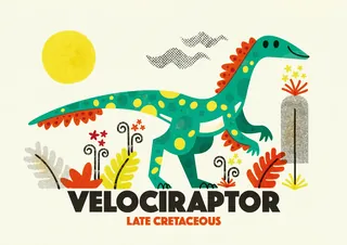 Illustration of green Velociraptor with yellow spots near volcano and plants