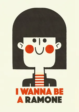 Cartoon person with short black hair and text about wanting to be a Ramone