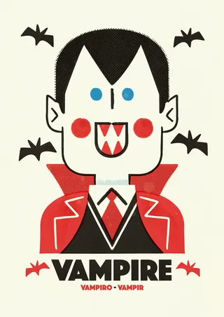 Cartoon vampire with red cape and bats flying around
