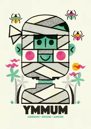 Cartoon mummy surrounded by flowers and colorful bugs