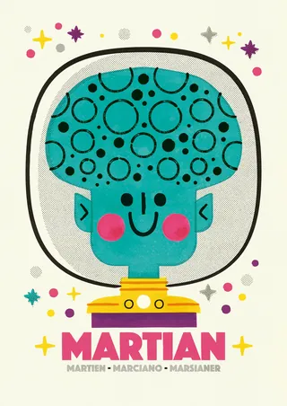 Blue cartoon Martian with polka-dot head inside space helmet