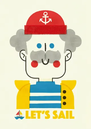 Cheerful sailor with red hat, yellow jacket, and striped shirt