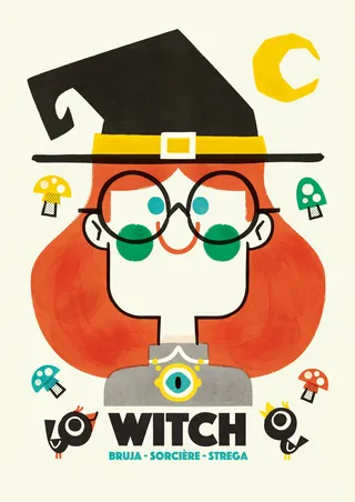 Illustration of a red-haired witch with glasses and a black hat