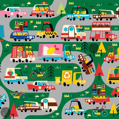 Busy camping road with cars, trailers, tents, and outdoor scenes in bright colors.