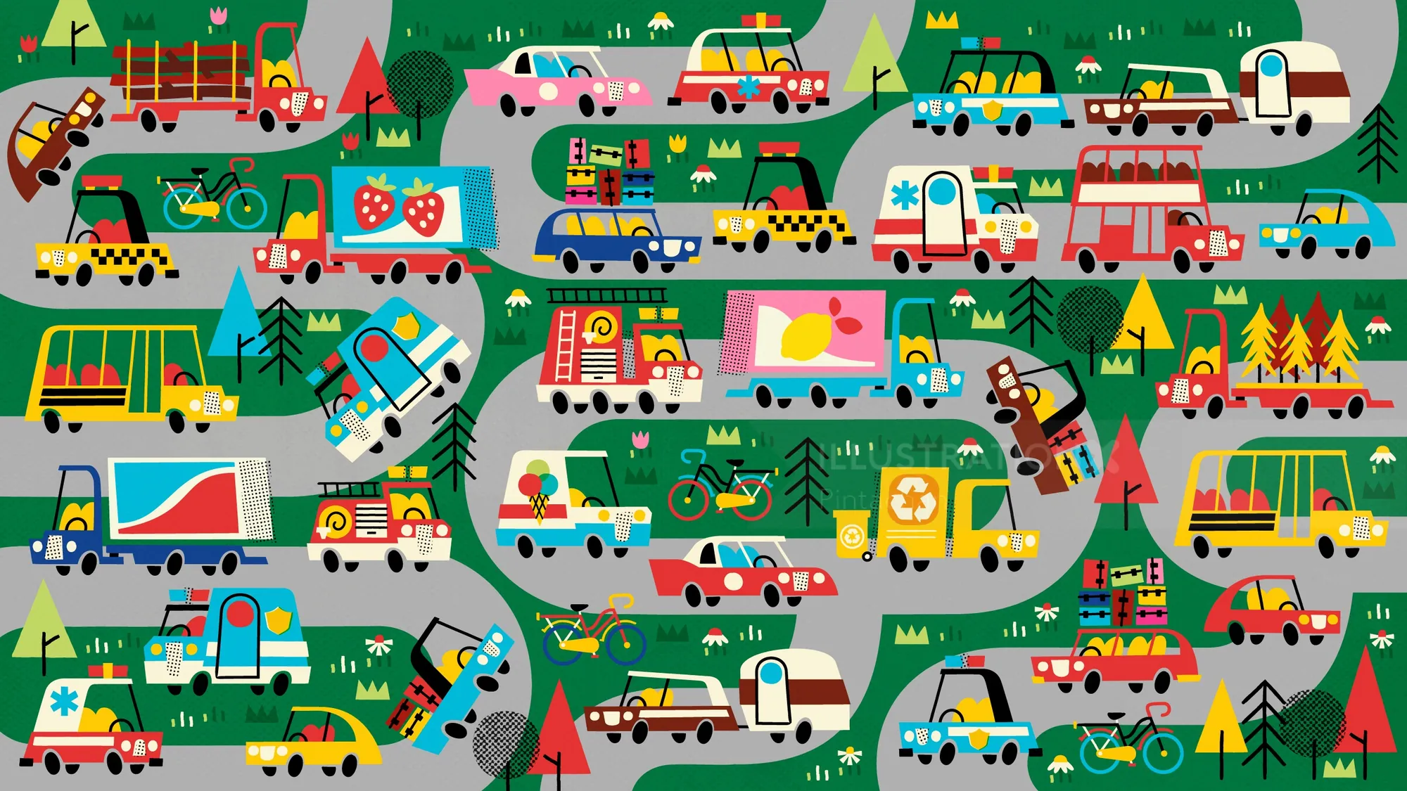 Busy camping road with cars, trailers, tents, and outdoor scenes in bright colors.