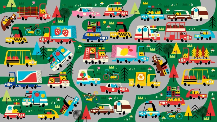 Busy camping road with cars, trailers, tents, and outdoor scenes in bright colors.