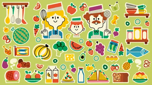 Cartoon chefs and various colorful food items on green background