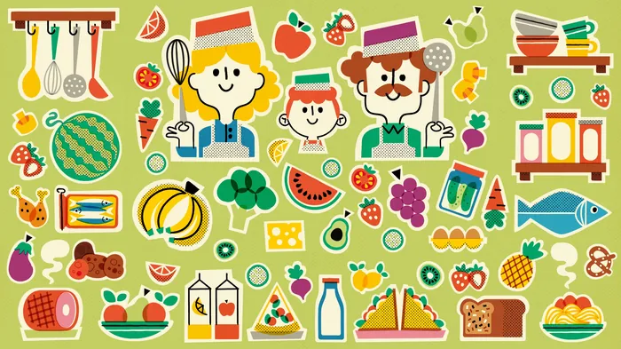 Cartoon chefs and various colorful food items on green background