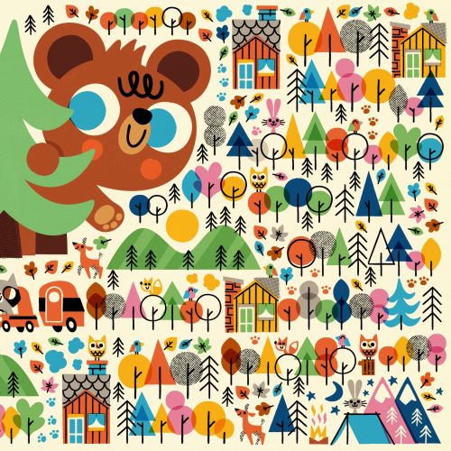 Cartoon bear and tents in colorful forest by Pintachan