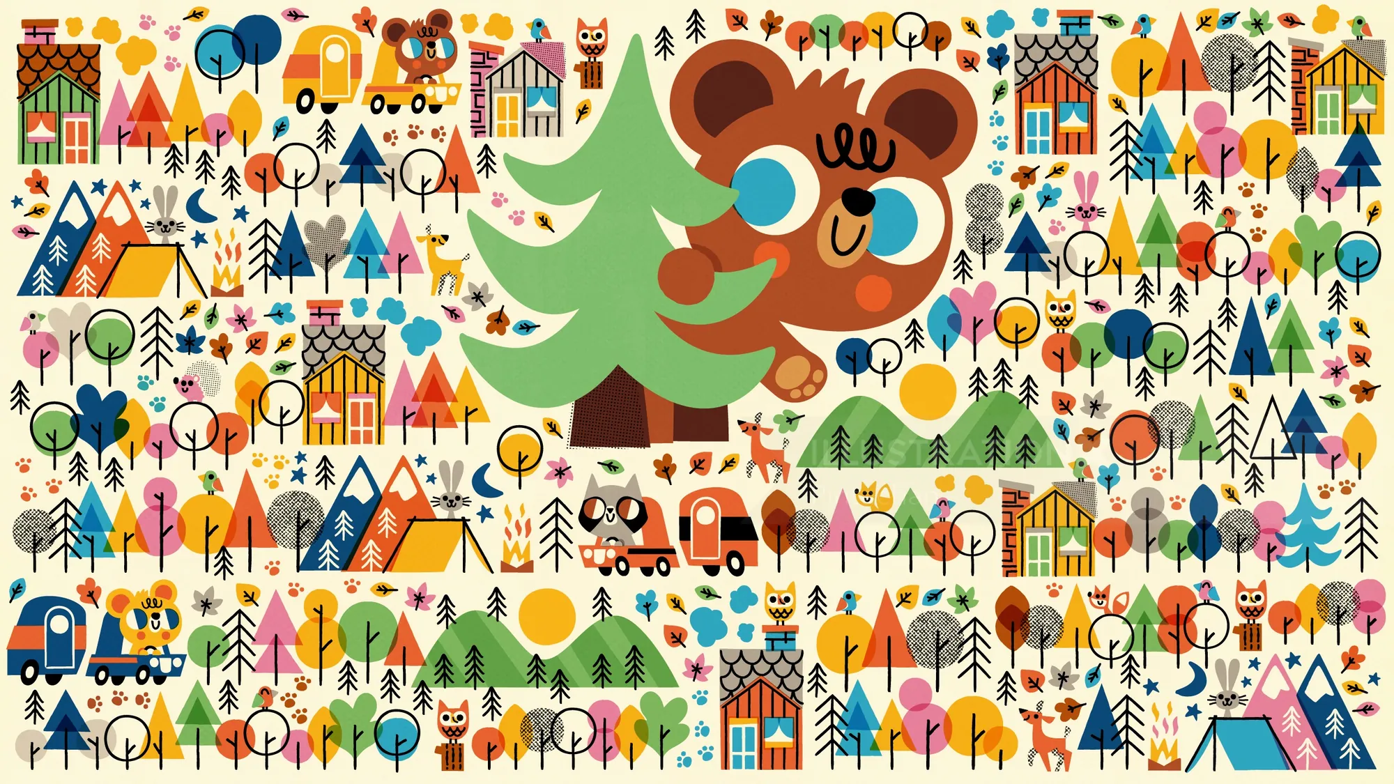Cartoon forest with bear, tents, trees, and small animals