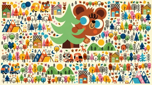 Cartoon forest with bear, tents, trees, and small animals