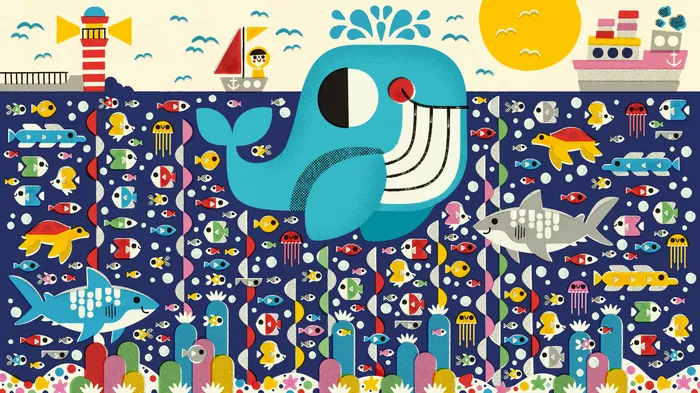 Illustration of ocean life with fish, whale, shark, turtles, boats, and lighthouse