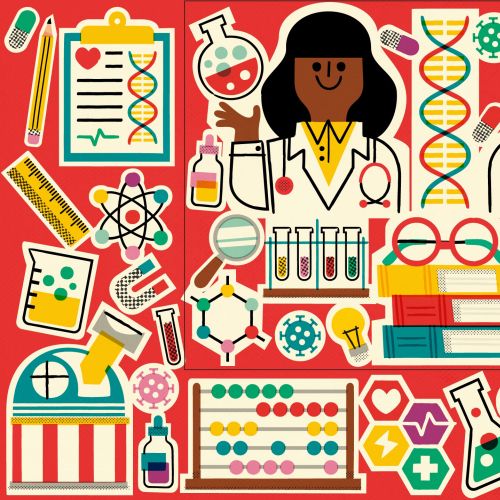 Science icons with diverse scientists, DNA, lab tools, books, and globe