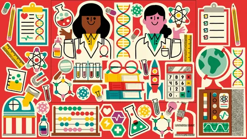 Science icons with diverse scientists, DNA, lab tools, books, and globe