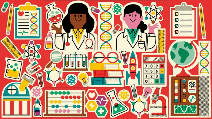 Science icons with diverse scientists, DNA, lab tools, books, and globe