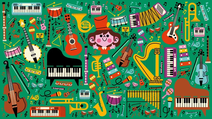 Illustration showing diverse musical instruments with a smiling character.