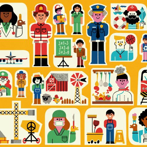 Illustration showing diverse workers in different profession uniforms and roles