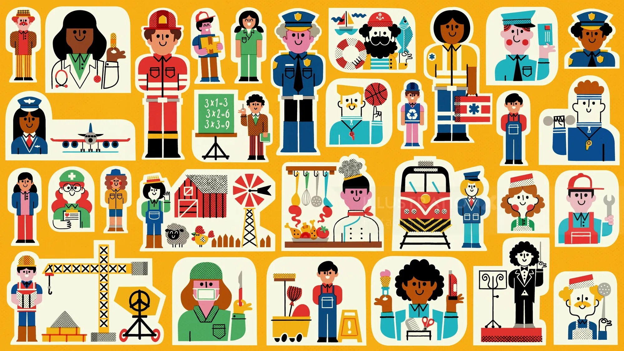 Illustration showing diverse workers in different profession uniforms and roles