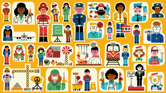 Illustration showing diverse workers in different profession uniforms and roles