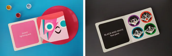 Open book with characters and matching colorful badges on blue and black backgrounds