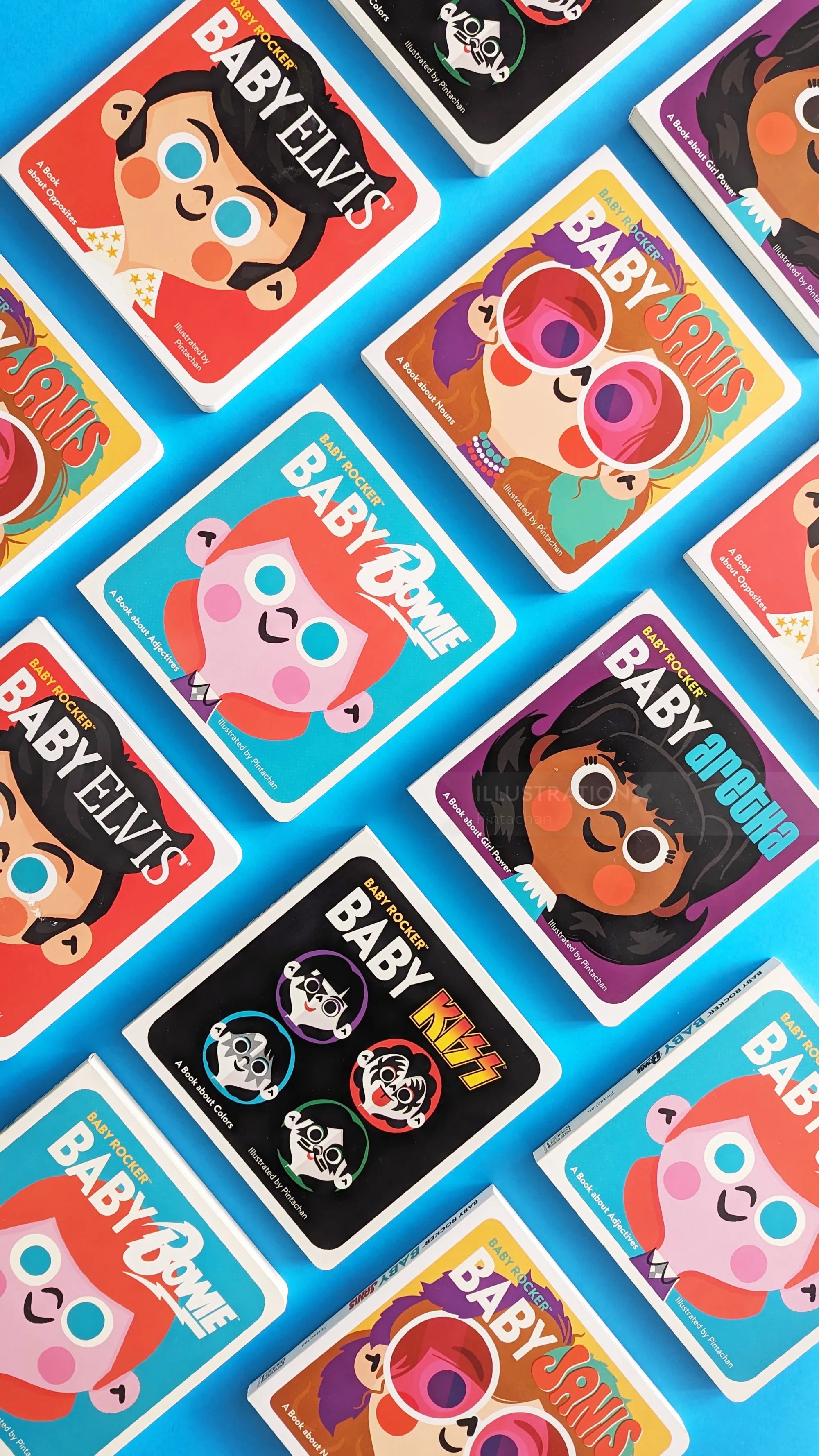 Various baby character cards with bright colors and playful designs.