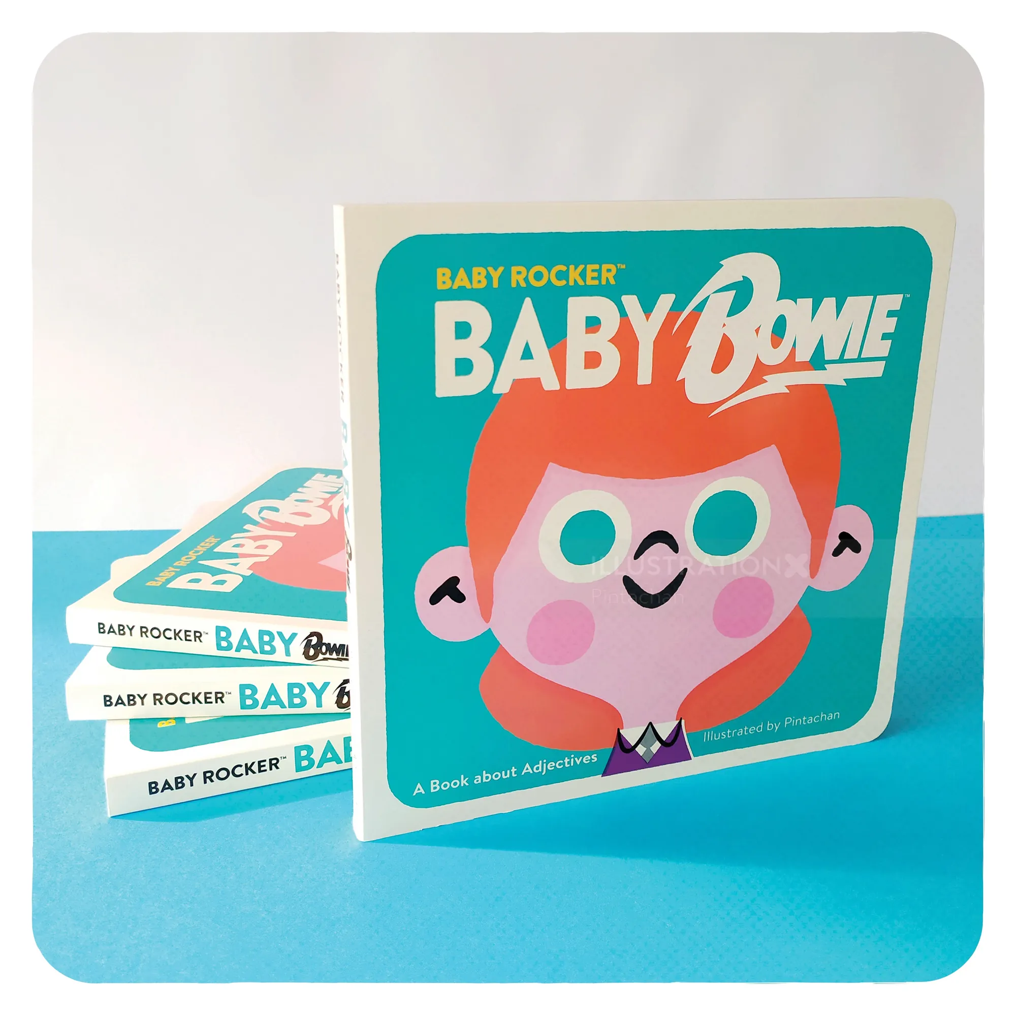 Stack of Baby Rocker books with cartoon character on blue background