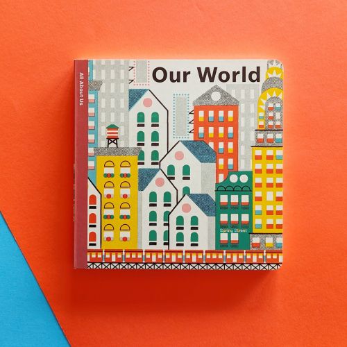 Book cover of Our World with colorful buildings illustration